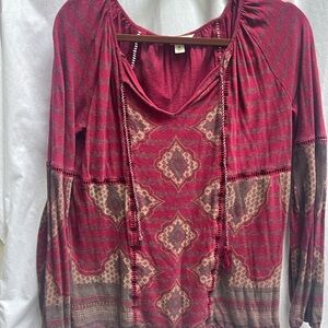 Lucky Brand Burgundy and Beige Patterned Blouse
